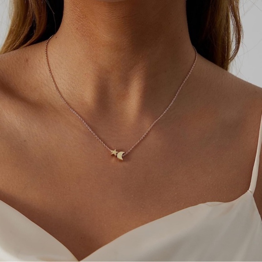 GOLD 14k Gold Plated Moon & Star Pendant Necklace